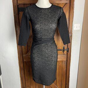 Toast Black Black Grey Jacquard 100% Wool 3/4 Sleeve Knee Length Dress UK 6